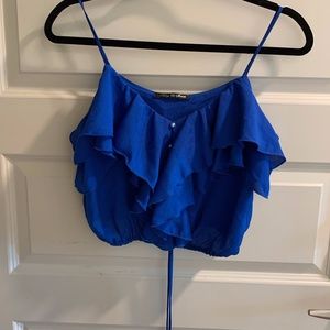 Blue Ruffle Front Crop Top